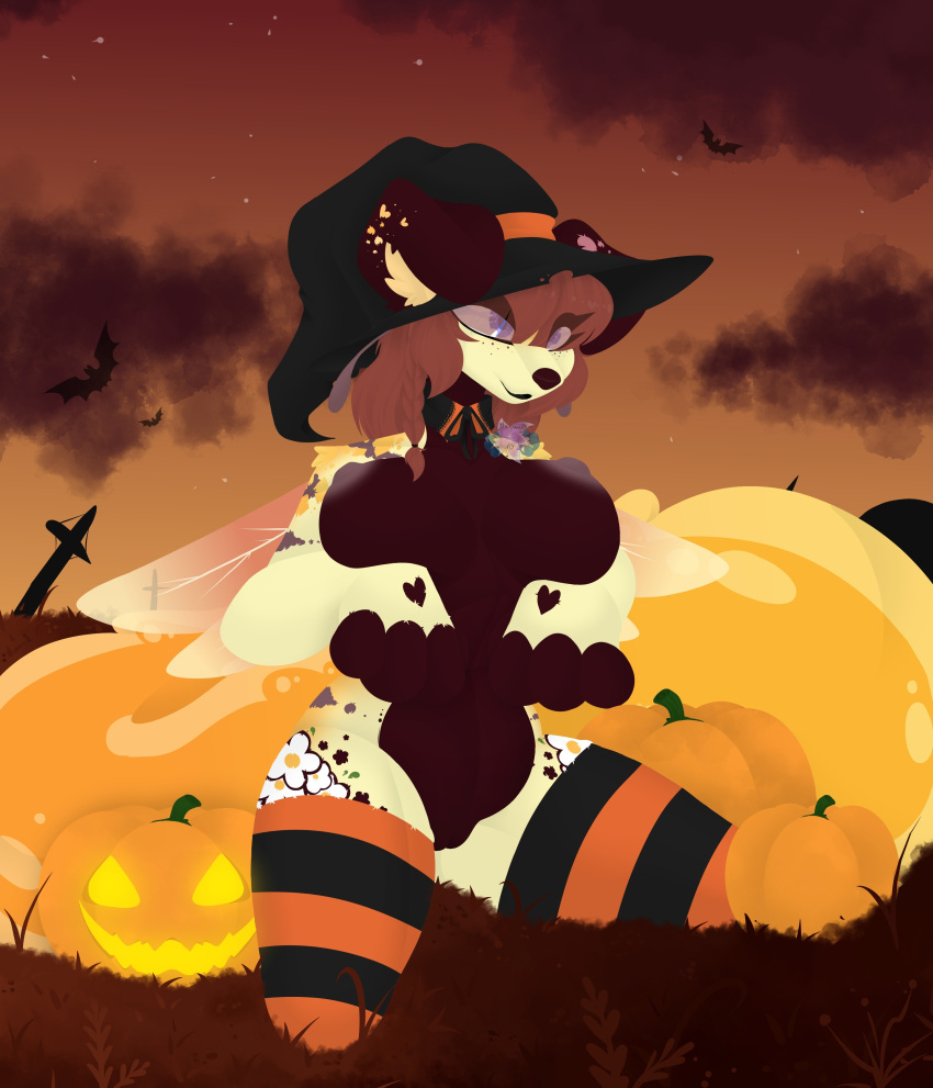 absurd_res anthro arthropod bee blue_eyes breasts brown_hair canid canine clothing collar detailed_background female floppy_ears flower food footwear fruit fur genitals grass hair halloween halloween_theme hat headgear headwear heart_(marking) hi_res holidays honey_(food) hybrid hymenopteran insect jack-o'-lantern kneeling long_socks long_tail looking_up mammal miel_(tsukipaw) nipples nude paws plant pumpkin pussy sitting sky slightly_chubby socks solo tail tsukipaw wings witch_hat yellow_body yellow_fur