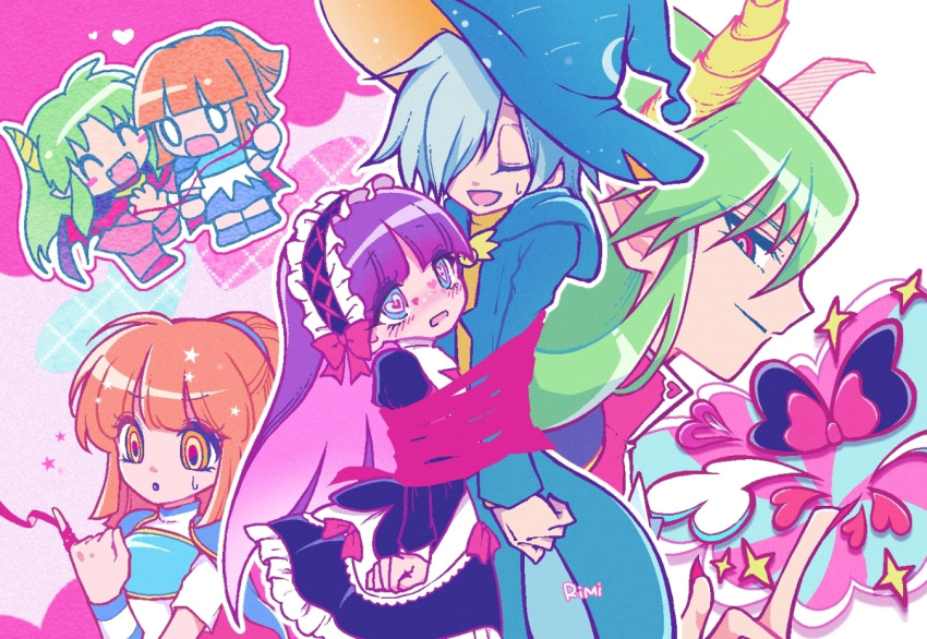 2boys 2girls apron arle_nadja black_dress blue_eyes blush brown_hair closed_eyes dress feli_(puyopuyo) green_hair green_headwear grey_hair hat heart heart-shaped_pupils horns lemres_(puyopuyo) long_hair long_sleeves multiple_boys multiple_girls o_o ponytail purple_hair puyopuyo red_eyes satan_(puyopuyo) string string_of_fate symbol-shaped_pupils usagi_honmono white_apron wizard_hat yellow_eyes