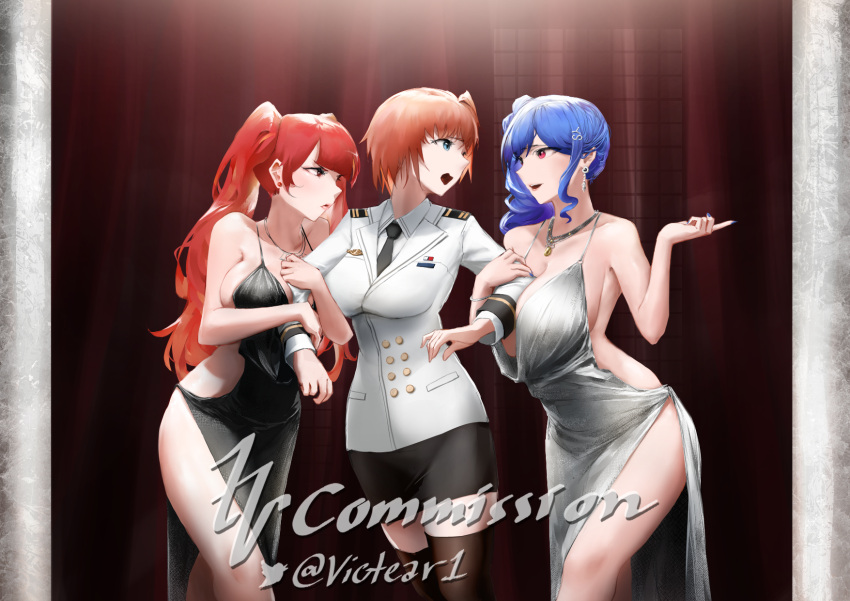 3girls arm_hug azur_lane breasts commission cosplay dress earrings evening_gown female_commander_(azur_lane) highres honolulu_(azur_lane) jewelry large_breasts military military_uniform multiple_girls naval_uniform necktie official_alternate_costume revealing_clothes st._louis_(azur_lane) st._louis_(azur_lane)_(cosplay) st._louis_(luxurious_wheels)_(azur_lane) thighhighs thighs twitter_username uniform victear