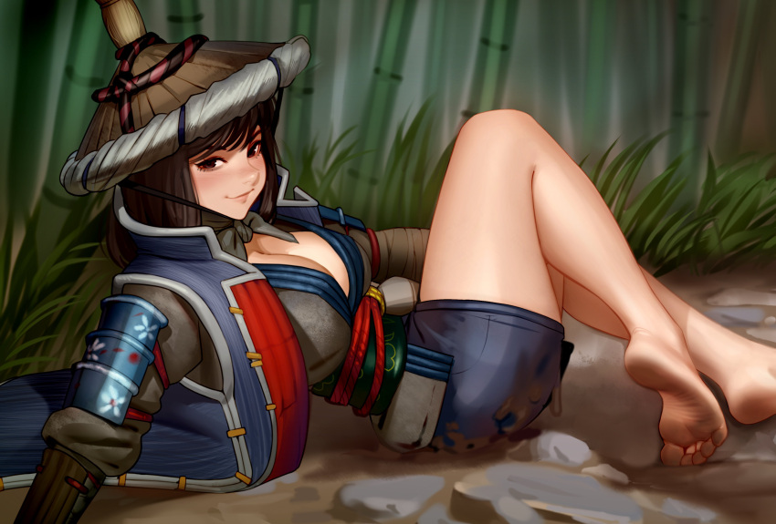 1girl absurdres armor bamboo bamboo_forest barefoot blush breasts brown_eyes brown_hair cleavage commentary dirty dirty_clothes dirty_feet english_commentary for_honor forest gourd hat highres japanese_armor kairunoburogu kote large_breasts legs_together light_smile lips looking_at_viewer medium_hair mud nature nobushi_(for_honor) obi on_ground red_rope rice_hat ronin rope rope_belt sash soles solo thighs toes