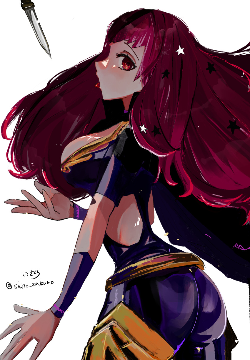 1girl ass big_hair black_cape bodysuit breasts cape choker cowboy_shot dagger eyelashes fire_emblem fire_emblem_engage gold_belt hair_ornament high_collar highres knife large_breasts long_hair looking_at_viewer open_mouth pink_choker pink_hair purple_bodysuit purple_cape red_eyes shirozakuro side_cutout simple_background solo standing star_(symbol) star_hair_ornament throwing_knife tongue tongue_out two-tone_cape weapon white_background yunaka_(fire_emblem)