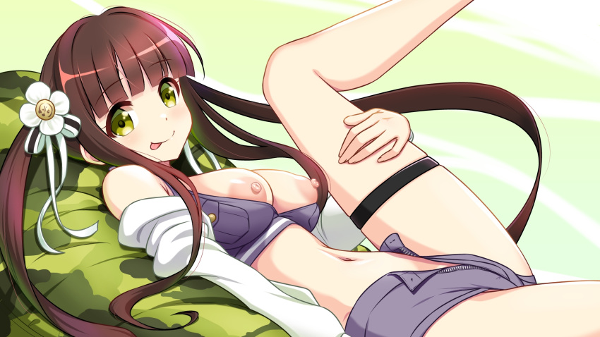 1girl :p arm_at_side bangs bare_legs bare_shoulders blunt_bangs breasts breasts_out brown_hair closed_mouth crop_top feet_out_of_frame floating_hair flower from_side gochuumon_wa_usagi_desu_ka? green_eyes grey_shirt grey_shorts hair_flower hair_ornament hair_ribbon highres hou_(hachiyou) large_breasts leg_hold leg_up legs long_hair looking_at_viewer lying midriff navel nipples on_back partially_unzipped ribbon shirt short_shorts shorts sidelocks sleeveless sleeveless_shirt smile solo thigh_strap tongue tongue_out twintails ujimatsu_chiya very_long_hair white_ribbon