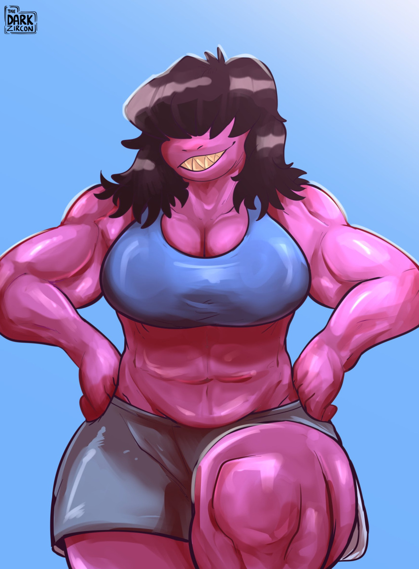 2022 abs anthro biceps blue_background blue_clothing blue_shirt blue_topwear bottomwear breasts brown_hair cleavage clothed clothing deltarune female grey_bottomwear grey_clothing grey_shorts hair hair_over_eyes hands_on_hips hi_res looking_at_viewer muscular muscular_anthro muscular_female non-mammal_breasts pecs purple_body purple_skin reptile scalie shaggy_hair sharp_teeth shirt shorts showing_teeth simple_background smile solo susie_(deltarune) teeth thedarkzircon toothy_smile topwear undertale_(series)