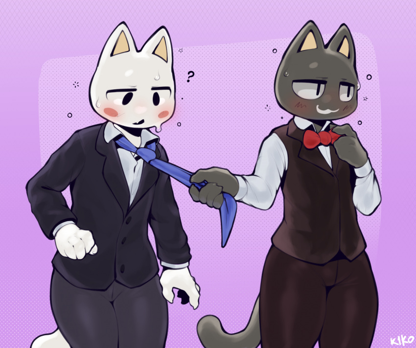 anthro biped black_body clothed clothing confusion domestic_cat drunk duo felid feline felis hi_res k1ko male mammal pulling_tie pupils question_mark signature simple_background slit_pupils smile substance_intoxication white_body