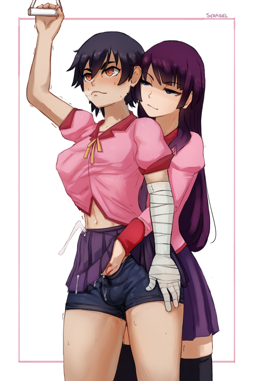 2girls absurdres arm_up artist_name bandaged_arm bandages black_hair black_shorts black_thighhighs blue_eyes breast_grab breasts bulge closed_mouth covered_testicles cum cum_in_clothes cum_through_clothes ejaculation_under_clothes erection erection_under_clothes futa_with_female futanari grabbing grabbing_from_behind hair_between_eyes handjob highres kanbaru_suruga long_hair long_sleeves looking_at_another medium_breasts monogatari_(series) multiple_girls pink_shirt projectile_cum purple_hair purple_skirt reach-around senjougahara_hitagi seraziel shirt short_hair short_sleeves shorts skirt thighhighs white_background yellow_eyes