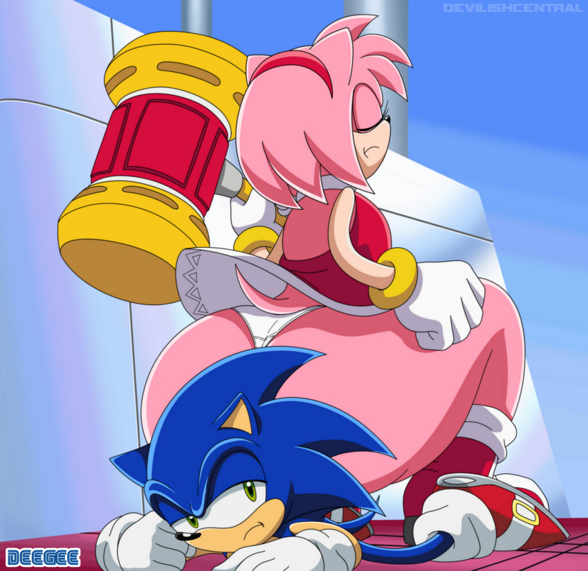 accessory amy_rose anthro big_butt blue_body boots bottomwear butt clothing deegee duo eulipotyphlan eyes_closed female footwear gloves green_eyes hair_accessory hairband half-closed_eyes handwear hedgehog hi_res low-angle_view male mammal narrowed_eyes piko_piko_hammer pink_body red_clothing ring ring_(jewelry) sega sitting_on_another skirt sonic_the_hedgehog sonic_the_hedgehog_(series) sonic_x thick_thighs upskirt