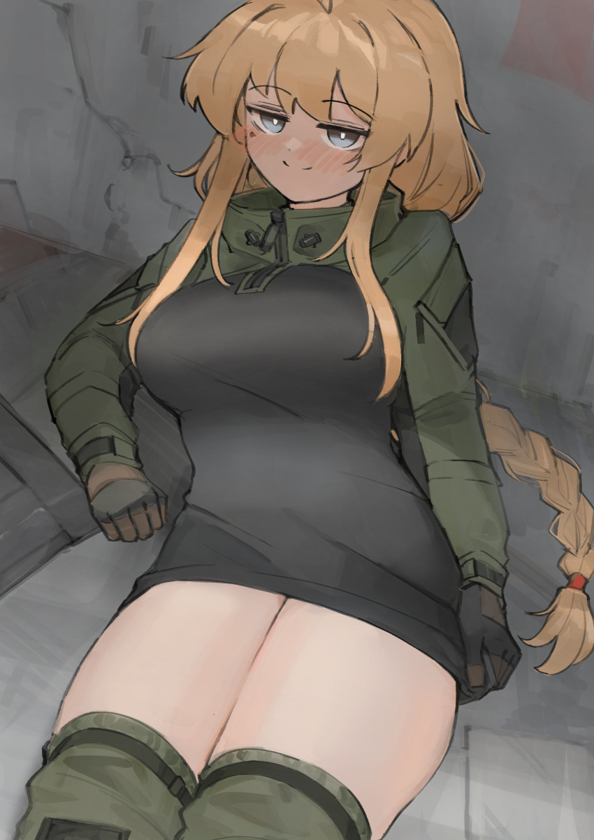 1girl absurdres ahoge banana_batter blonde_hair blue_eyes blush braid escape_from_tarkov gloves highres indie_virtual_youtuber military_jacket thighhighs whiskey_project
