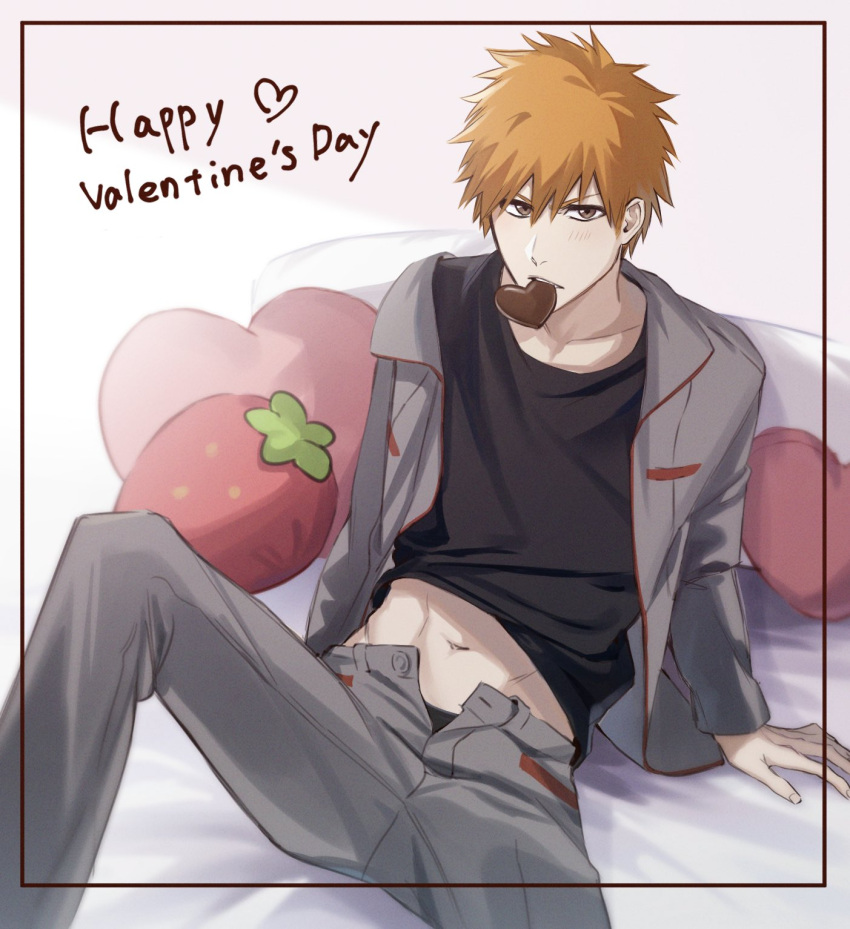 1boy black_shirt bleach brown_eyes candy chocolate cowboy_shot english_text food food-themed_pillow grey_jacket grey_pants happy_valentine heart heart-shaped_chocolate heart_pillow highres jacket konetaa kurosaki_ichigo looking_at_viewer male_focus navel open_clothes open_jacket orange_hair pants pillow school_uniform shirt short_hair sitting solo spiked_hair teeth upper_teeth_only valentine