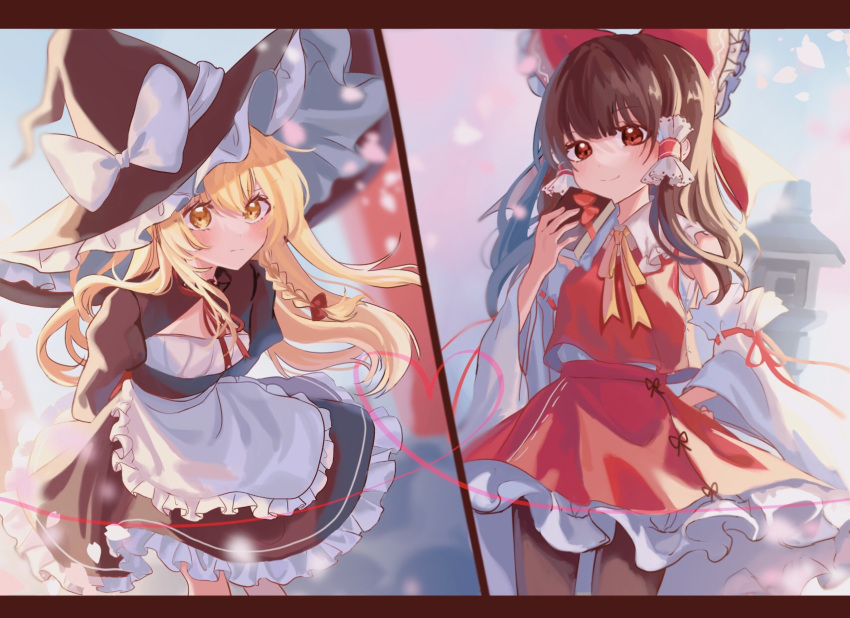 2girls apron arms_behind_back black_dress black_headwear black_pantyhose blonde_hair bow braid brown_hair closed_mouth commentary_request cowboy_shot dress expressionless feet_out_of_frame frilled_apron frilled_skirt frills gift hair_bow hakurei_reimu hand_on_hip hat hat_bow heart heart_of_string highres holding holding_gift juliet_sleeves kirisame_marisa long_hair long_sleeves looking_at_viewer multiple_girls neck_ribbon pantyhose puffy_sleeves red_bow red_eyes red_ribbon red_skirt red_vest ribbon single_braid skirt smile split_mouth split_screen touhou vest white_apron white_bow witch_hat yellow_eyes yomogi_9392