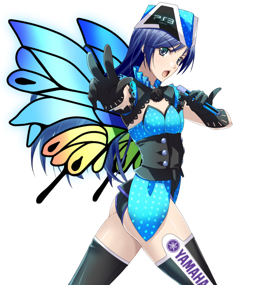 ass bangs black_gloves blue_hair butterfly_wings frilled_shrug game_console gloves grey_eyes highres holding holding_microphone ichimedoo idol idolmaster idolmaster_xenoglossia kisaragi_chihaya leotard logo long_hair looking_at_viewer microphone open_mouth playstation_3 polka_dot short_sleeves shrug_(clothing) sidelocks sideways_glance simple_background strapless strapless_leotard thighhighs underbust w white_background wings yamaha