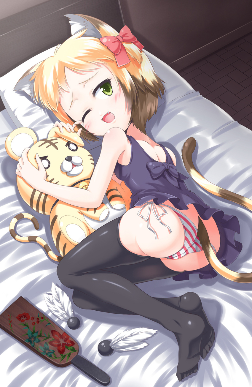 animal_ears ass bad_id bad_pixiv_id bad_proportions bed blush brown_hair cat_ears error fang feathers feet hagoita hanetsuki highres hug legs lying morujii multicolored_hair new_year on_side one_eye_closed original paddle panties side-tie_panties solo stuffed_toy tail thighhighs tiger underwear wrong_feet