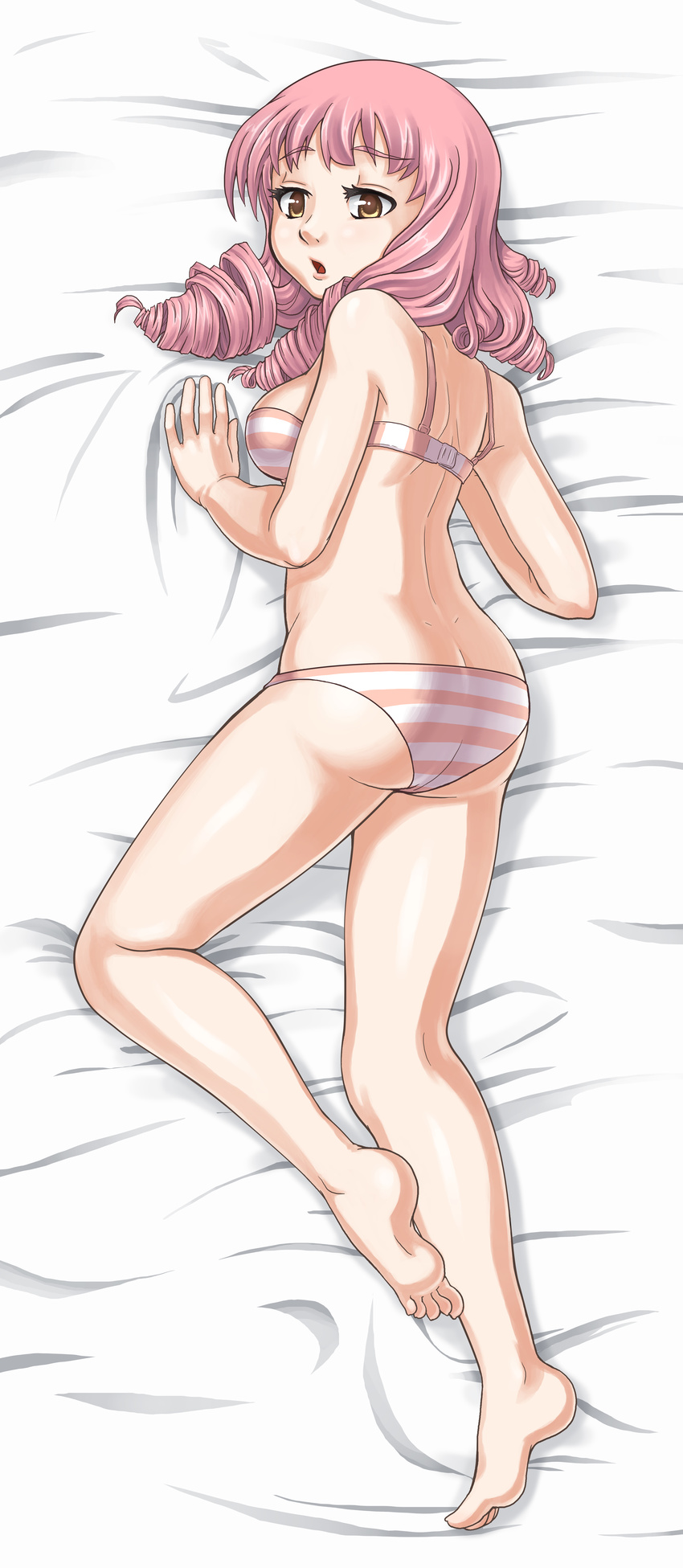 absurdres ass barefoot bra butt_crack dakimakura drill_hair feet full_body hands highres incredibly_absurdres katawa_shoujo lingerie looking_back lying md5_mismatch mikado_shiina on_stomach panties pimmy soles solo striped striped_bra striped_panties toes underwear underwear_only