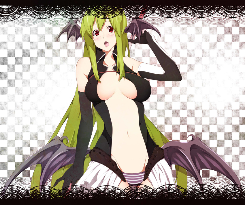 bad_id bad_pixiv_id bat_wings blush breasts cleavage covered_nipples elbow_gloves gloves green_hair head_wings highres large_breasts long_hair nanao_(mahaya) original panties red_eyes solo striped striped_panties underwear vampire very_long_hair wings