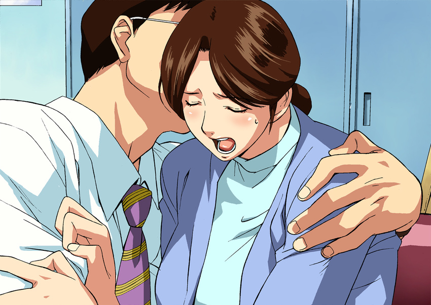 1girl arm_grab bangs black_hair blush breasts brown_hair cirima closed_eyes couch dress_shirt glasses hair_bun hand_on_another's_shoulder hetero hikaru_no_go hug huge_breasts indoors jacket locker mature moaning necktie office_lady open_mouth parted_bangs shindou_mitsuko shirt short_hair sitting sweatdrop swept_bangs teacher turtleneck upper_body watch white_shirt wince wristwatch