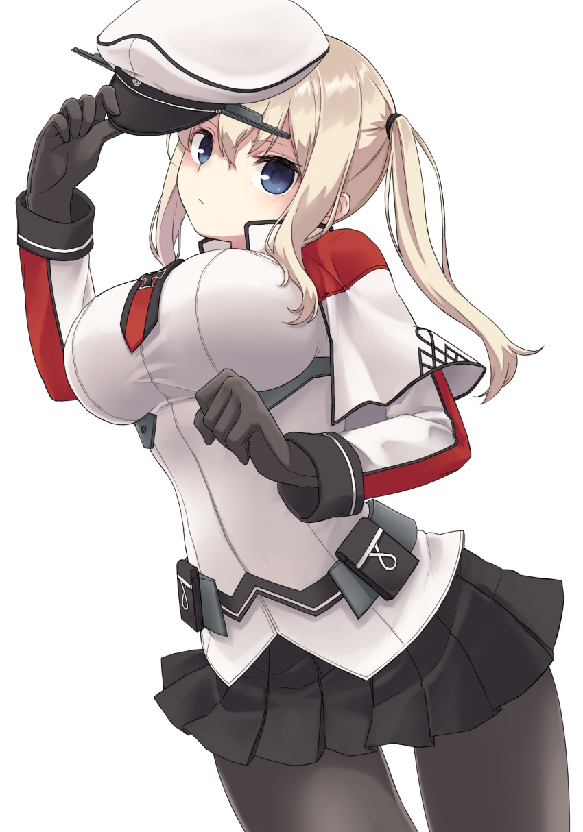 1girl bangs black_gloves black_legwear black_skirt blonde_hair blue_eyes breasts capelet closed_mouth eyebrows_visible_through_hair gloves graf_zeppelin_(kantai_collection) hair_between_eyes hat highres holding holding_hat iron_cross kantai_collection large_breasts long_hair long_sleeves looking_at_viewer military military_hat military_uniform namec0 necktie pantyhose peaked_cap pleated_skirt sidelocks simple_background skirt solo thighs twintails uniform white_background