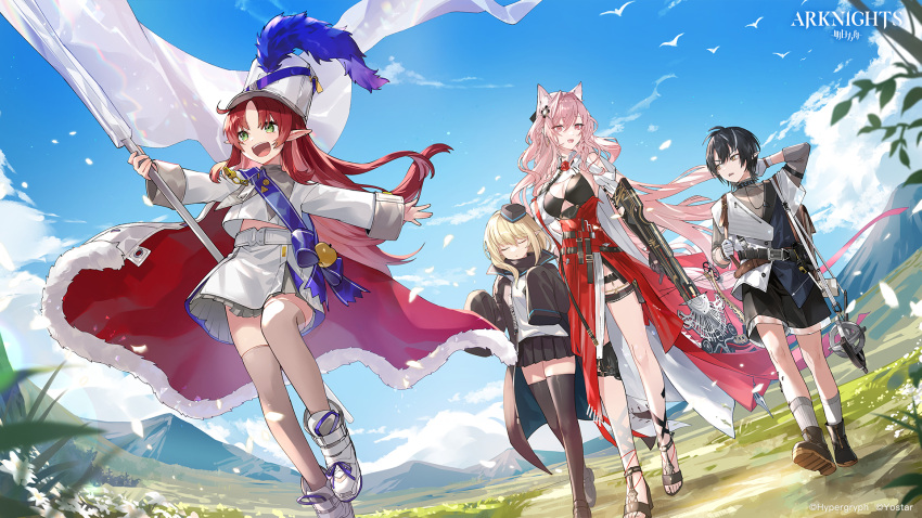 1boy 3girls animal_ears arknights black_hair blonde_hair boots closed_eyes crossbow durin_(arknights) dwarf flag highres holding holding_flag infection_monitor_(arknights) long_sleeves minimalist_(arknights) multiple_girls myrtle_(arknights) myrtle_(light_gold_celebration)_(arknights) official_alternate_costume official_art oripathy_lesion_(arknights) pink_hair pointy_ears pozyomka_(arknights) red_hair sandals shoes socks staff thighhighs wolf_ears wolf_girl