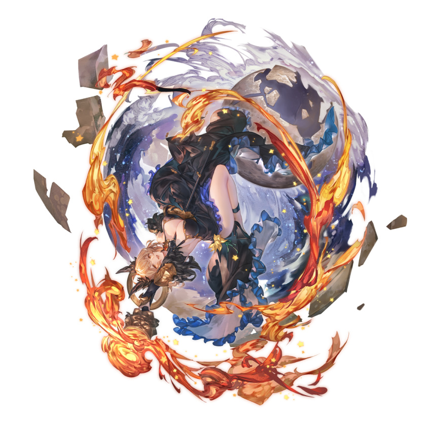 1girl ahoge alpha_transparency animal_ears bangs between_breasts black_dress black_footwear breasts brown_hair cleavage dress fire full_body granblue_fantasy hair_ornament hecate_(granblue_fantasy) high_heels large_breasts looking_at_viewer medium_hair minaba_hideo official_art open_mouth red_eyes staff transparent_background upside-down