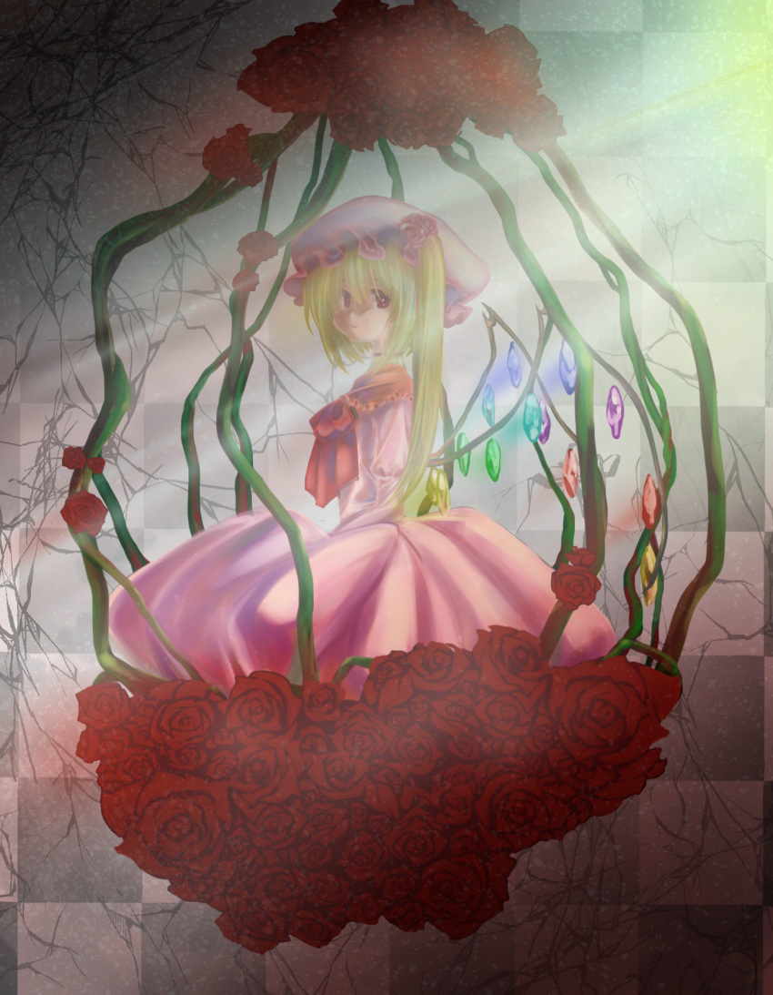 1girl alternate_costume ascot bangs blonde_hair checkered_wall closed_mouth commentary_request cracked_wall crystal dress expressionless flandre_scarlet flower full_body hair_between_eyes hat hat_flower highres iwaserie long_hair looking_at_viewer mob_cap one_side_up pink_dress pink_headwear red_ascot red_eyes red_flower red_rose rose solo touhou wings