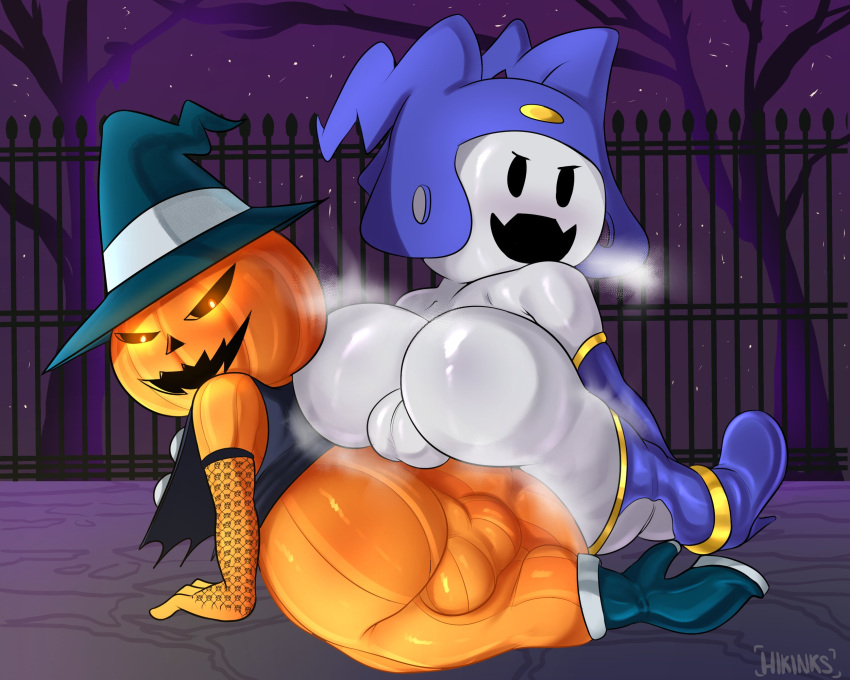 2022 anthro atlus backsack balls big_butt butt clothing demon duo food footwear fruit genitals hat headgear headwear hi_res hikinks imp jack_frost_(megami_tensei) looking_at_viewer looking_back male megami_tensei mostly_nude open_mouth outside plant pumpkin pyro_jack_(megami_tensei) sega white_body