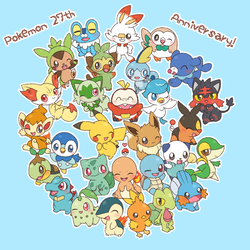 anniversary apple_rainy black_eyes blue_eyes brown_eyes bulbasaur charmander chespin chikorita chimchar closed_eyes closed_mouth cyndaquil eevee fangs fennekin froakie fuecoco grookey half-closed_eyes hand_up hands_up highres litten mudkip one_eye_closed open_mouth oshawott pikachu piplup pokemon pokemon_(creature) pokemon_(game) popplio quaxly red_eyes rowlet scorbunny snivy sobble sprigatito squirtle starter_pokemon_trio teeth tepig torchic totodile treecko turtwig yellow_eyes