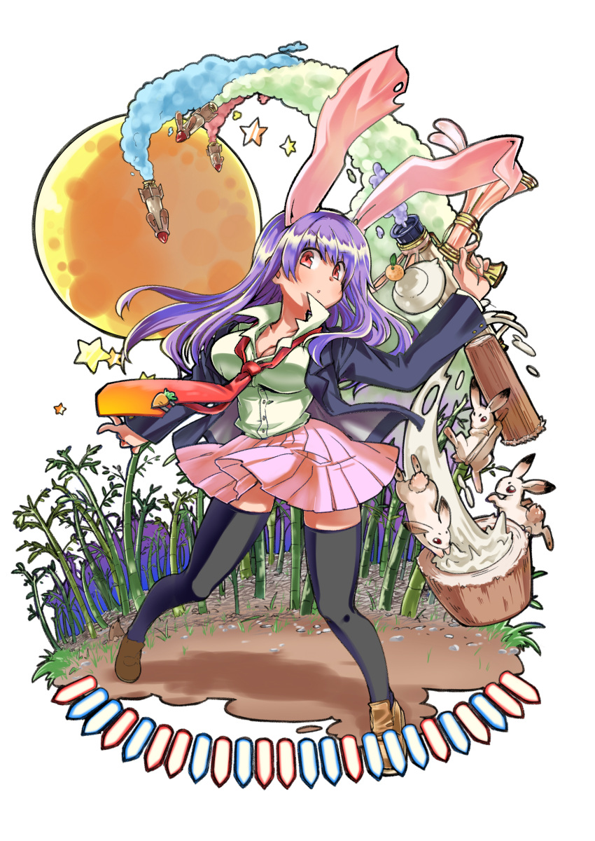 1girl absurdres animal_ears bamboo bamboo_forest bangs black_jacket black_thighhighs blazer breasts brown_footwear buttons carrot_pin cleavage collared_shirt commentary_request danmaku food forest fruit full_body full_moon highres iwaserie jacket kagami_mochi kine large_breasts loafers long_hair long_sleeves looking_at_viewer lunatic_gun mallet mandarin_orange mochi mochitsuki mole_(animal) moon nature necktie open_mouth pink_skirt pleated_skirt popped_collar purple_hair rabbit rabbit_ears rabbit_girl red_eyes red_necktie reisen_udongein_inaba rocket shirt shoes skirt solo standing star_(symbol) thighhighs tie_clip touhou very_long_hair white_background white_shirt zettai_ryouiki