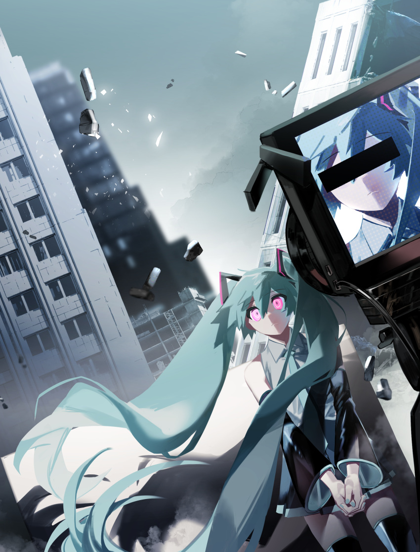 1girl absurdres alternate_eye_color aqua_hair aqua_nails aqua_necktie bangs bar_censor bare_shoulders black_skirt black_sleeves black_thighhighs blurry blurry_background building censored city collapsing collared_shirt detached_sleeves dutch_angle expressionless floating_hair glowing glowing_eyes grey_shirt hatsune_miku highres identity_censor light_frown long_hair looking_ahead multiple_views necktie outdoors overcast own_hands_clasped own_hands_together pink_eyes pleated_skirt ringed_eyes rubble screen shadow shirt skirt skyscraper sleeveless sleeveless_shirt thighhighs tokumei_m_(vocaloid) twintails very_long_hair video_camera vocaloid wankyuu