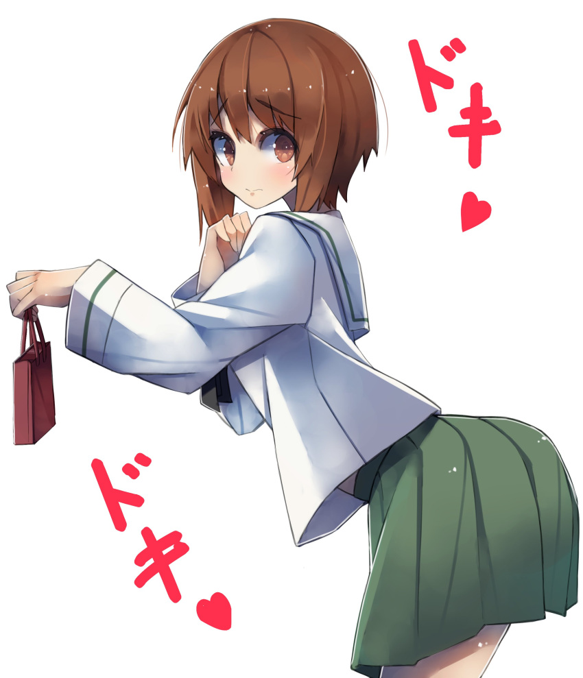 1girl absurdres bangs black_neckerchief blouse blush brown_eyes brown_hair closed_mouth commentary from_side frown gift gift_bag girls_und_panzer green_skirt heart heartbeat highres holding holding_gift leaning_forward looking_at_viewer miniskirt neckerchief nishizumi_miho ooarai_school_uniform pleated_skirt sailor_collar sattinittas school_uniform shirt short_hair simple_background skirt solo standing translated valentine white_background white_sailor_collar white_shirt