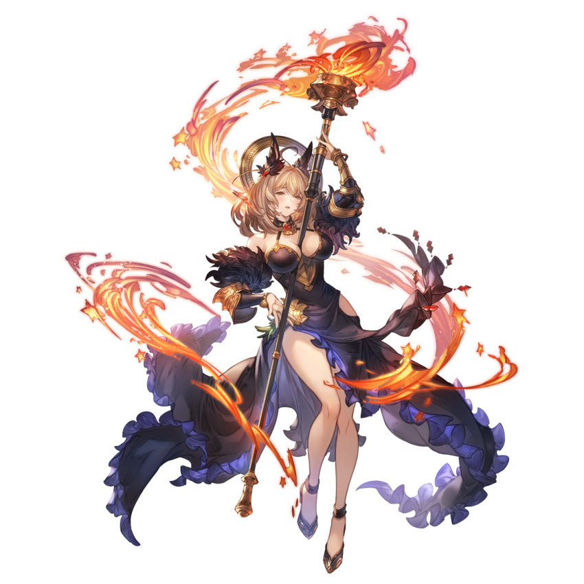 1girl ahoge alpha_transparency animal_ears bangs between_breasts black_dress black_footwear breasts brown_hair cleavage dress fire full_body granblue_fantasy hair_ornament hecate_(granblue_fantasy) high_heels large_breasts looking_at_viewer medium_hair minaba_hideo official_art open_mouth red_eyes staff transparent_background