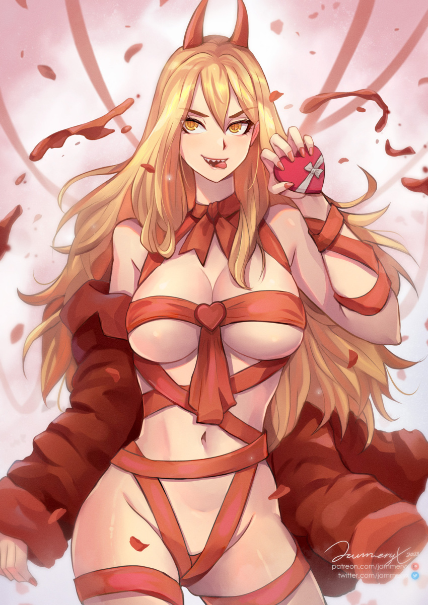 1girl blonde_hair breasts chainsaw_man cross-shaped_pupils heart highres horns jacket jammeryx long_hair nail_polish naked_ribbon navel open_mouth petals power_(chainsaw_man) red_horns red_jacket red_ribbon ribbon sharp_teeth smile solo symbol-shaped_pupils teeth tongue tongue_out valentine yellow_eyes