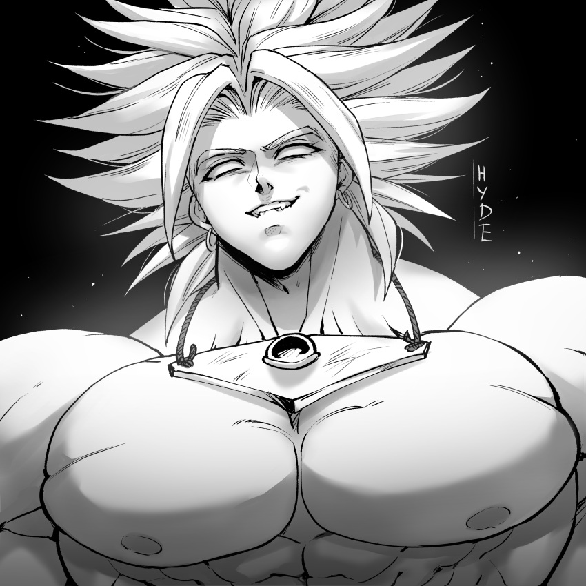 1boy absurdres blank_eyes broly_(dragon_ball_z) dragon_ball dragon_ball_z earrings greyscale highres hydeover9000 jewelry legendary_super_saiyan male_focus monochrome muscular muscular_male necklace nipples pectorals solo spiked_hair super_saiyan upper_body