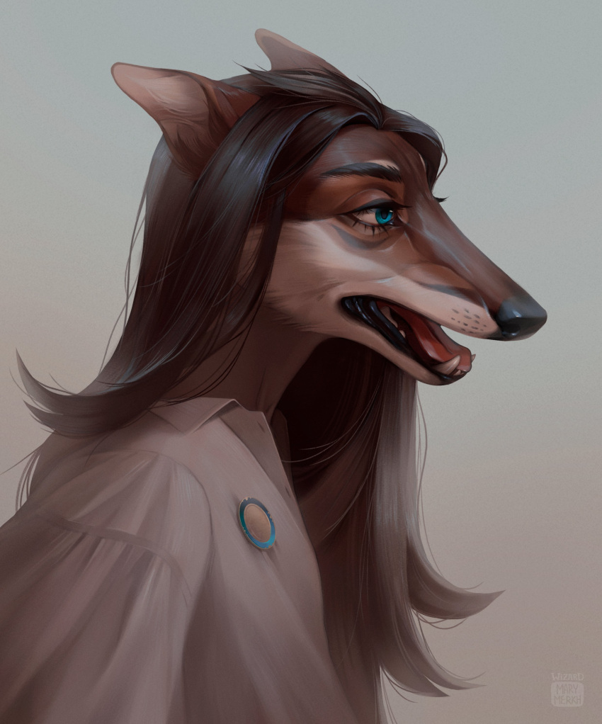 absurd_res anthro artist_name black_nose blue_eyes brown_body brown_fur brown_hair bust_portrait canid clothed clothing eyelashes facial_markings female fur grey_clothing grey_topwear hair head_markings hi_res long_hair mammal marie_merkh markings narrowed_eyes open_mouth portrait red_tongue simple_background solo tongue topwear