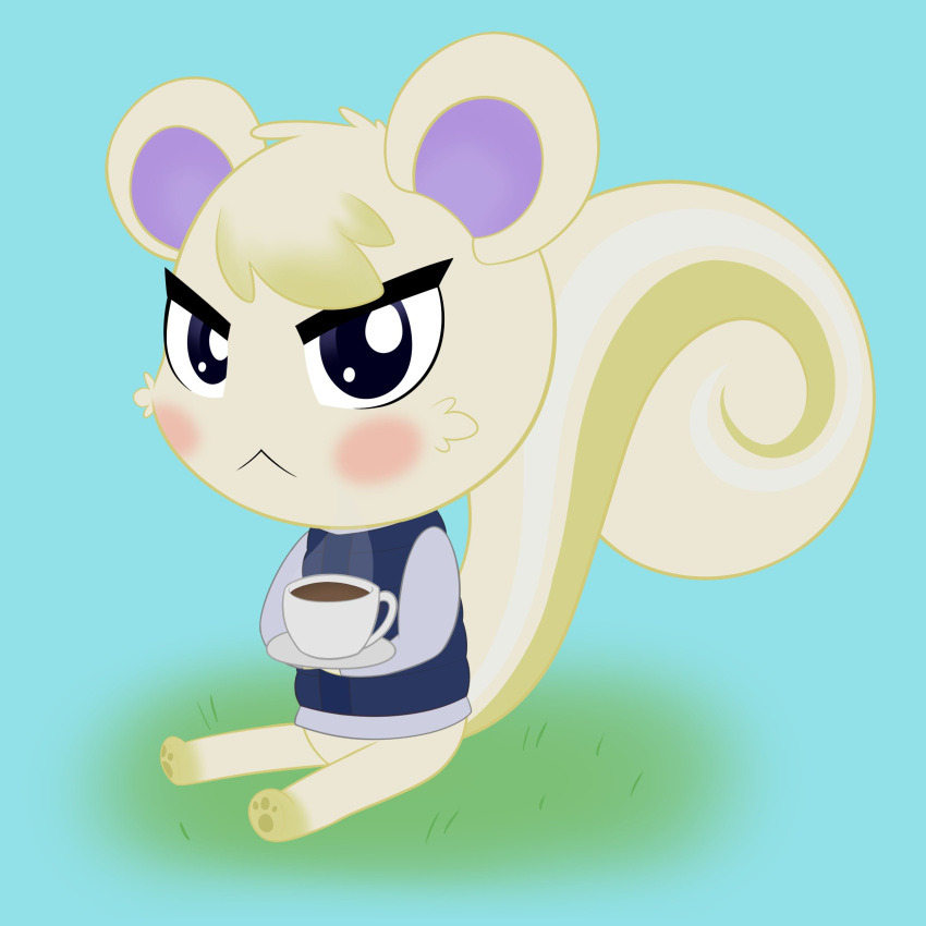 1:1 2022 absurd_res animal_crossing anthro beverage black_eyes blue_background blush clothing coffee coffee_cup container cup digital_drawing_(artwork) digital_media_(artwork) full-length_portrait fur head_tuft hi_res male mammal marshal_(animal_crossing) mrneo nintendo on_grass pawpads portrait rodent sciurid simple_background sitting solo sweater tail topwear tree_squirrel tuft white_body white_fur white_tail