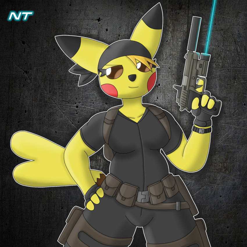 1:1 anthro backpack bandanna bandanna_on_forehead belt black_clothing brown_eyes clothed clothing eyelashes female fingerless_gloves generation_1_pokemon gloves gun hair hand_on_hip handgun handwear head_tuft hi_res holding_gun holding_object holding_weapon holster kerchief laser_pointer looking_at_viewer mammal murid murine ninjatreecko nintendo pikachu pokemon pokemon_(species) pokemorph pouches ranged_weapon rodent silencer smile smirk solo spark_elektra standing stealth_suit tagme tuft utility_belt weapon yellow_body