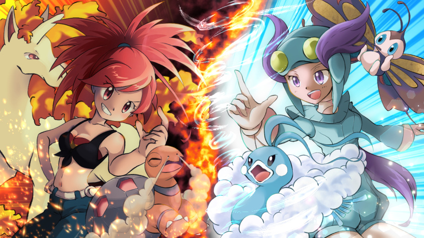 2girls altaria bangs bare_shoulders beautifly blue_pants breasts cleavage eyes_visible_through_hair fire flannery_(pokemon) index_finger_raised long_hair marie_(marie_cookie222) midriff multiple_girls navel open_mouth pants pilot_helmet pilot_suit pokemon pokemon_(creature) pokemon_(game) pokemon_oras purple_eyes purple_hair rapidash red_eyes red_hair smile torkoal winona_(pokemon)