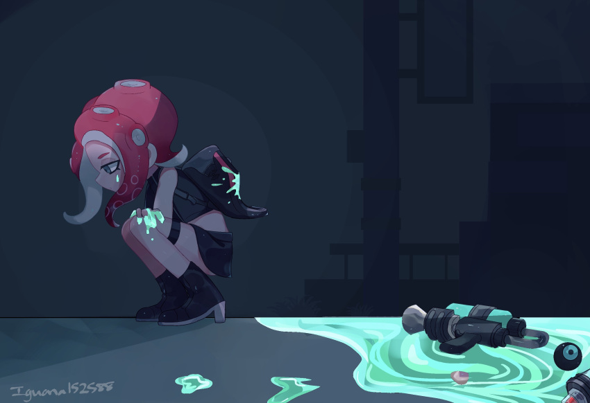 1girl agent_8_(splatoon) aqua_background bare_arms bare_shoulders black_footwear black_skirt boots closed_mouth from_side frown full_body hand_on_own_arm high_heel_boots high_heels highres iguana1525881 kneeling long_hair looking_at_viewer miniskirt octarian octoling octoling_girl orange_eyes red_hair simple_background skirt sleeveless solo splatoon_(series) splatoon_2 splatoon_2:_octo_expansion standing suction_cups tentacle_hair weapon