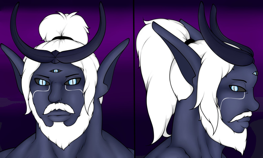 2023 2_horns 3_eyes 5:3 alien anthro beard beetle_humanoid close-up crossgender facial_hair hair hi_res horn humanoid jenexian male maxhe multi_eye muscular solo tribal white_hair