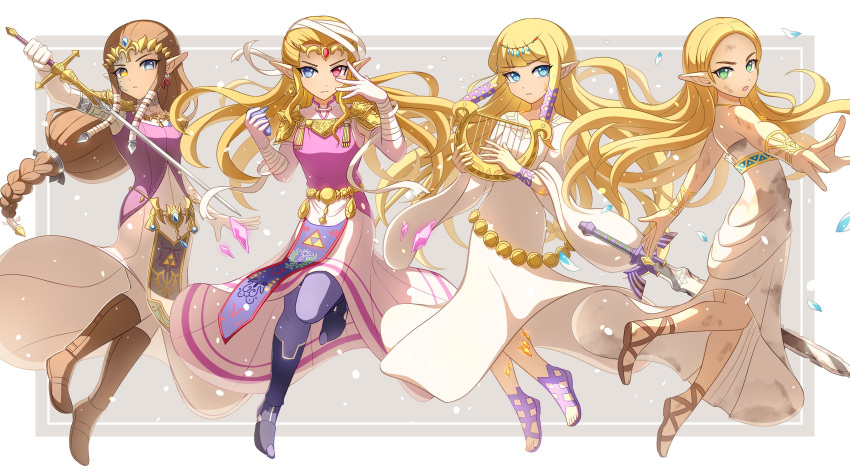 4girls absurdres armor bandaged_arm bandaged_head bandages blonde_hair blue_eyes boots bracelet brown_footwear brown_hair commentary dress earrings elbow_gloves english_commentary enni floating_hair forehead gladiator_sandals gloves green_eyes hair_ornament harp heterochromia highres holding holding_instrument holding_sword holding_weapon instrument jewelry long_sleeves looking_at_viewer master_sword multicolored_clothes multicolored_dress multiple_girls multiple_persona ocarina pink_dress pointy_ears princess_zelda purple_footwear red_eyes sandals shoulder_armor sword the_legend_of_zelda the_legend_of_zelda:_breath_of_the_wild the_legend_of_zelda:_ocarina_of_time the_legend_of_zelda:_skyward_sword the_legend_of_zelda:_twilight_princess tiara triforce_earrings triforce_print two-tone_dress weapon white_gloves wide_sleeves