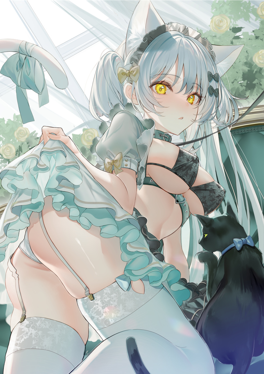 1girl animal animal_ears ass bikini black_bikini black_cat breasts cat cat_ears cat_girl cat_tail clothes_lift covered_nipples cropped_jacket extra_ears garter_straps grey_jacket grey_skirt highres jacket kawachi_rin large_breasts leash lifted_by_self long_hair looking_at_viewer moe2023 one_side_up open_clothes open_jacket original panties parted_lips ribbon skindentation skirt skirt_lift solo string_bikini swimsuit tail tail_ornament tail_ribbon thighhighs twisted_torso underwear white_hair white_panties white_thighhighs yellow_eyes