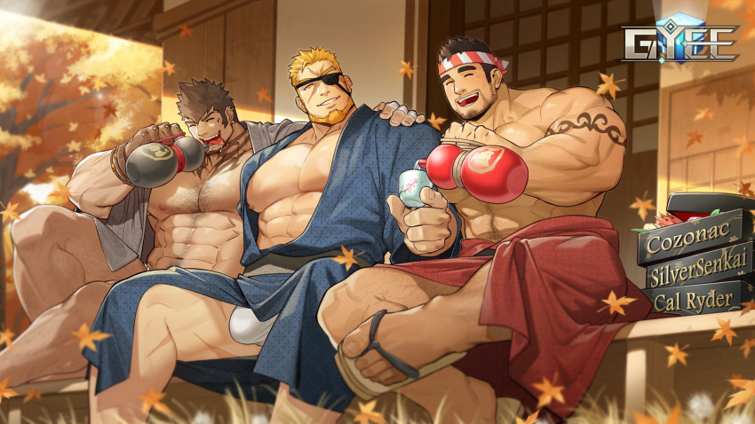 3boys abs antonio_(gyee) bara bare_pectorals bulge chest_hair closed_eyes copyright_name cross_scar eyepatch facial_hair fundoshi gyee headband highres japanese_clothes large_pectorals male_focus markus_(gyee) multiple_boys muscular muscular_male navel nipples official_art one_eye_covered outdoors pectorals scar scar_on_face sig_(gyee) sitting smile sunset thick_thighs thighs