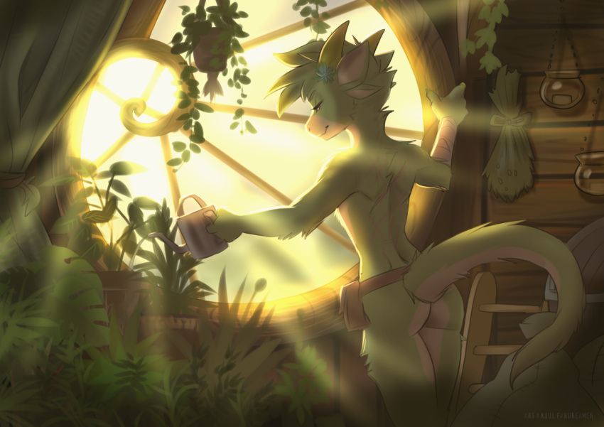 accessory anthro butt female floral flower flower_in_hair hair hair_accessory hi_res horn hybrid kanya_the_drakkonid_(darkflamewolf) koul legend_of_ahya light light_beam mammal nude plant reptile scalie scar solo sunbeam sunlight watering watering_can window