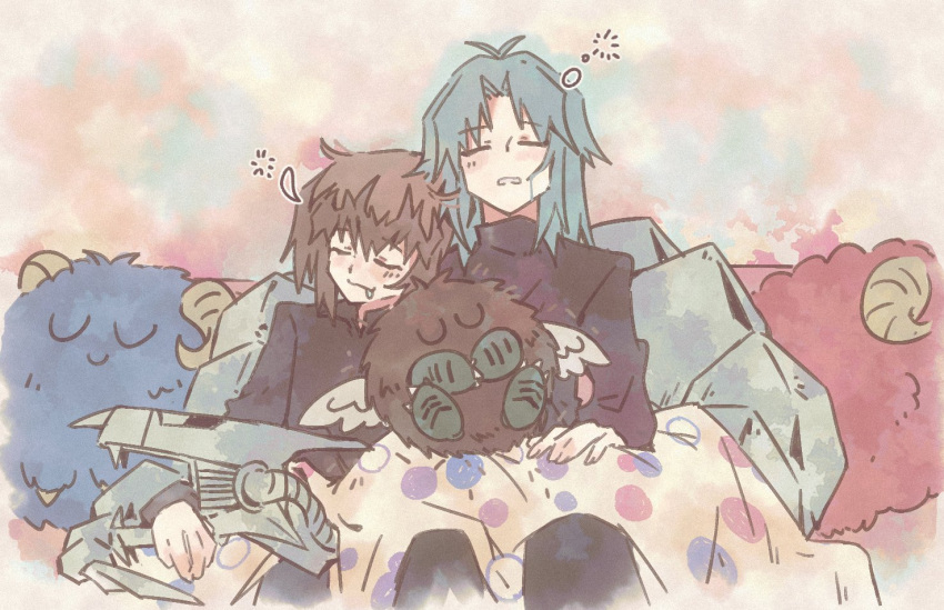 2boys bangs blanket casual cyber_dragon drooling hair_between_eyes leaning_on_person long_sleeves male_focus marufuji_ryou multicolored_hair multiple_boys ncross_125 scapegoat shared_blanket sidelocks sleeping sleeping_on_person two-tone_hair winged_kuriboh yaoi yu-gi-oh! yu-gi-oh!_gx yuuki_juudai