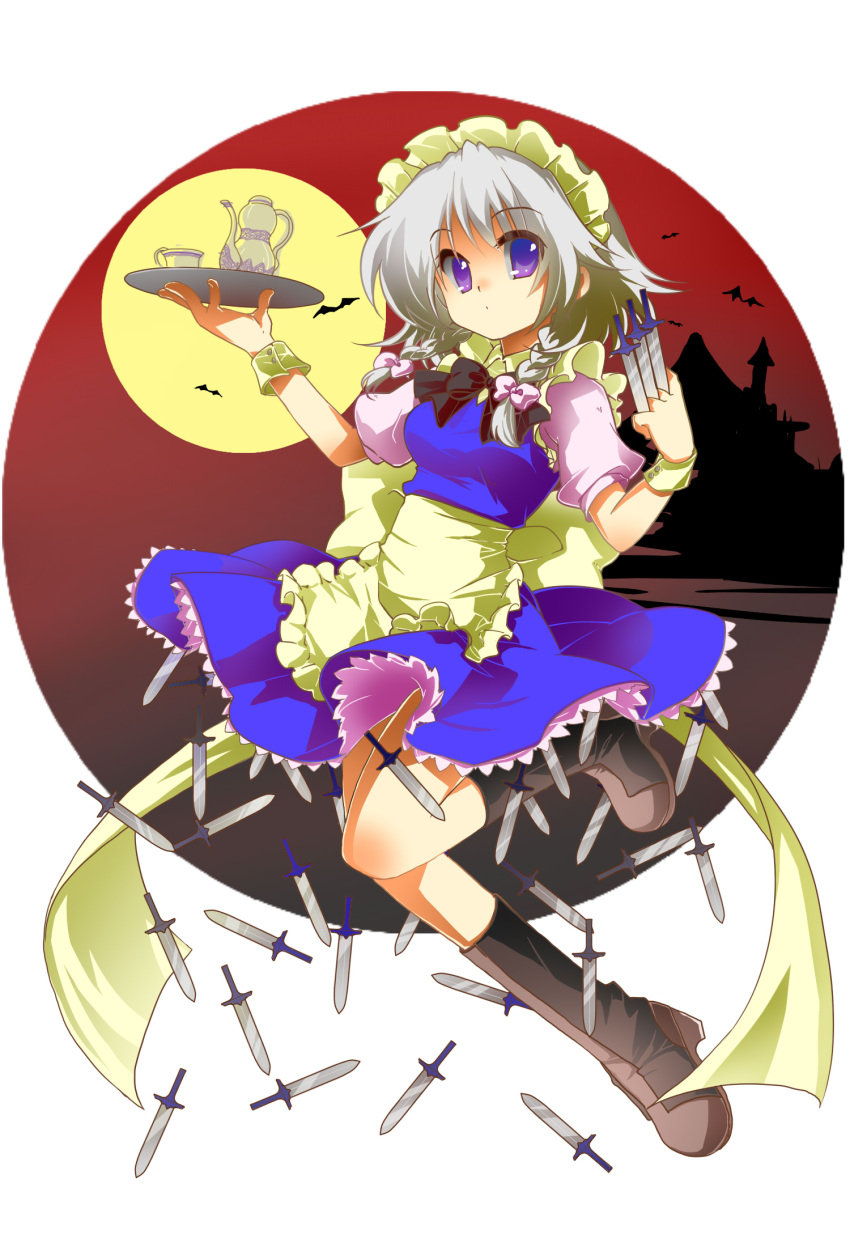 1girl apron back_bow bangs between_fingers black_bow black_bowtie blue_dress boots bow bowtie braid breasts brown_footwear closed_mouth commentary_request cup dress expressionless frilled_dress frills full_body full_moon grey_hair hair_bow highres holding holding_tray iwaserie izayoi_sakuya knife large_bow long_hair looking_at_viewer maid maid_headdress medium_breasts moon pink_bow puffy_short_sleeves puffy_sleeves purple_eyes short_sleeves sleeveless sleeveless_dress solo teacup teapot throwing_knife touhou tray twin_braids waist_apron weapon white_apron white_bow