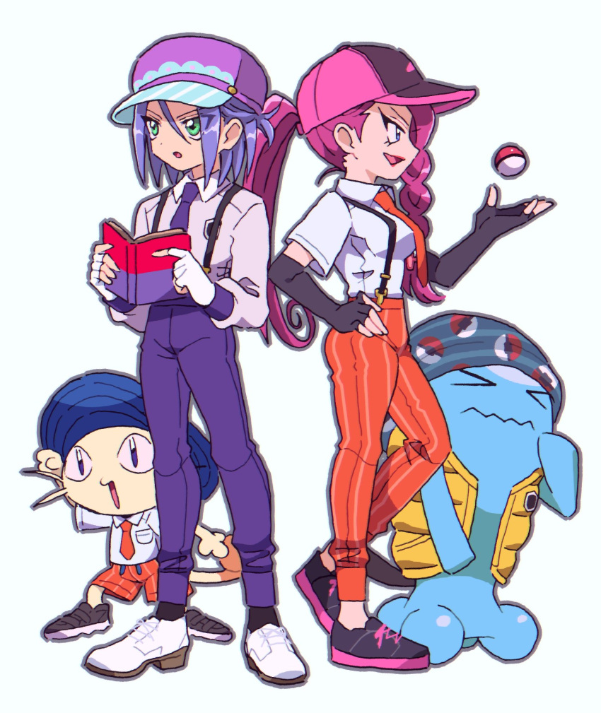 1boy 1girl baseball_cap book hat highres james_(pokemon) jessie_(pokemon) macchiromomomo meowth mob_cap necktie poke_ball pokemon pokemon_(anime) pokemon_(game) pokemon_sv suspenders white_background wobbuffet