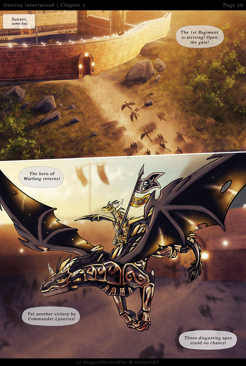 2022 armor colored comic dialogue dialogue_box dragon dragonoficeandfire english_text feral flag flying group hi_res lynerius male outside quadruped rock scalie silhouette speech_bubble text western_dragon wings