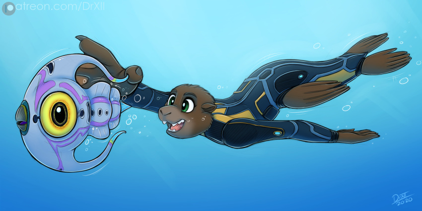 alien ambiguous_gender anthro bubble clothed clothing digital_media_(artwork) diving_suit drxii fish flippers fur mammal mammal_taur marine marine_taur open_mouth outside peeper_(subnautica) pinniped seal simple_background smile solo subnautica swimming taur teeth underwater unknown_worlds_entertainment water