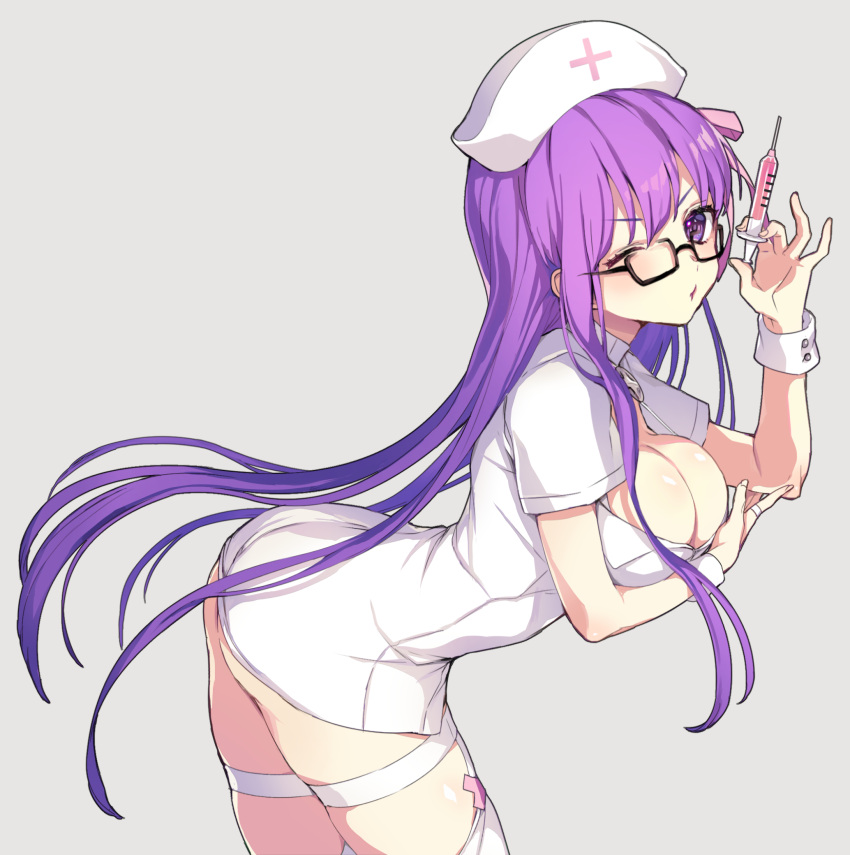 1girl ass bangs bb_(bb_shot!)_(fate) bb_(fate) blush breast_hold breasts cleavage collarbone dress fate/extra fate/extra_ccc fate/grand_order fate_(series) garter_straps glasses hair_between_eyes hair_ribbon hat highres hip_focus large_breasts leaning_forward long_hair looking_at_viewer nurse nurse_cap one_eye_closed open_mouth pink_ribbon purple_eyes purple_hair ribbon short_dress solo syringe thighhighs thighs vivi_(eve_no_hakoniwa) white_dress white_thighhighs wrist_cuffs