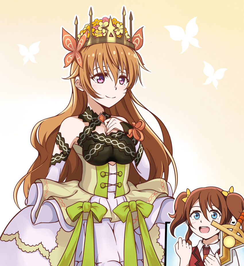 2girls absurdres asdasun1 bangs bare_shoulders blonde_hair blue_eyes breasts brown_hair butterfly_hair_ornament celine_(fire_emblem) celine_(fire_emblem)_(cosplay) cosplay crown fire_emblem fire_emblem_engage hair_between_eyes hair_ornament highres kitou_akari konoe_haruka konoe_kanata long_hair looking_at_viewer love_live! love_live!_nijigasaki_high_school_idol_club multiple_girls open_mouth purple_eyes smile teeth twintails upper_teeth_only voice_actor_connection