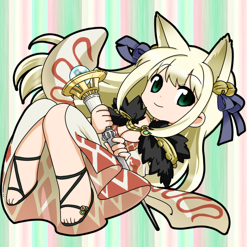 1girl animal_ears argyle_clothes argyle_dress bell black_footwear blonde_hair blue_ribbon breasts chibi cleavage closed_mouth commentary_request detached_sleeves dress extra_ears fox_ears full_body fur_collar green_background green_eyes hair_bell hair_ornament hair_ribbon highres holding holding_staff iwaserie jingle_bell long_hair looking_at_viewer medium_breasts ragnarok_online ribbon sandals smile solo sorcerer_(ragnarok_online) staff striped striped_background white_dress white_sleeves