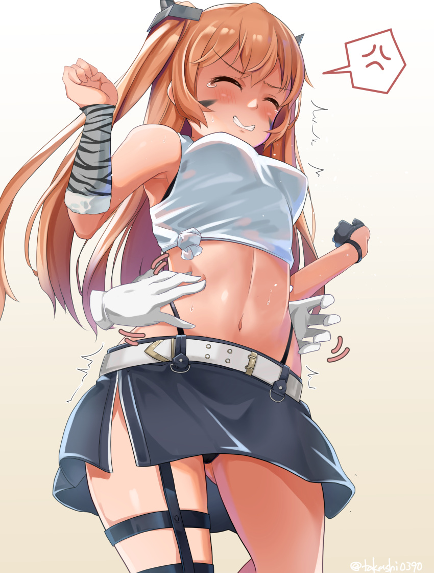 1girl absurdres anger_vein ass_visible_through_thighs asymmetrical_gloves belt black_gloves black_panties black_skirt blush clenched_teeth closed_eyes fake_horns gloves gradient_background highres horns johnston_(kancolle) kantai_collection light_brown_hair long_hair mismatched_gloves motion_lines navel official_alternate_costume panties skirt solo spoken_anger_vein takashi_(nougyou) tank_top teeth thigh_strap tickling twitter_username two_side_up underwear white_belt white_tank_top