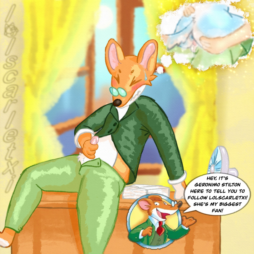 1:1 anthro anus balls blush blush_lines bodily_fluids breaking_the_fourth_wall canid canine canis cel_shading clothed clothing desk duo english_text female florence_(lolscarletxi) fluffy_balls furniture furry_balls genitals geronimo_stilton geronimo_stilton_(series) hi_res lolscarletxi male male/female mammal masturbation mouse murid murine office on_desk partially_clothed penetration penile penile_penetration penis rodent shaded solo sweat sweatdrop table text thinking thought_bubble vaginal vaginal_penetration wolf